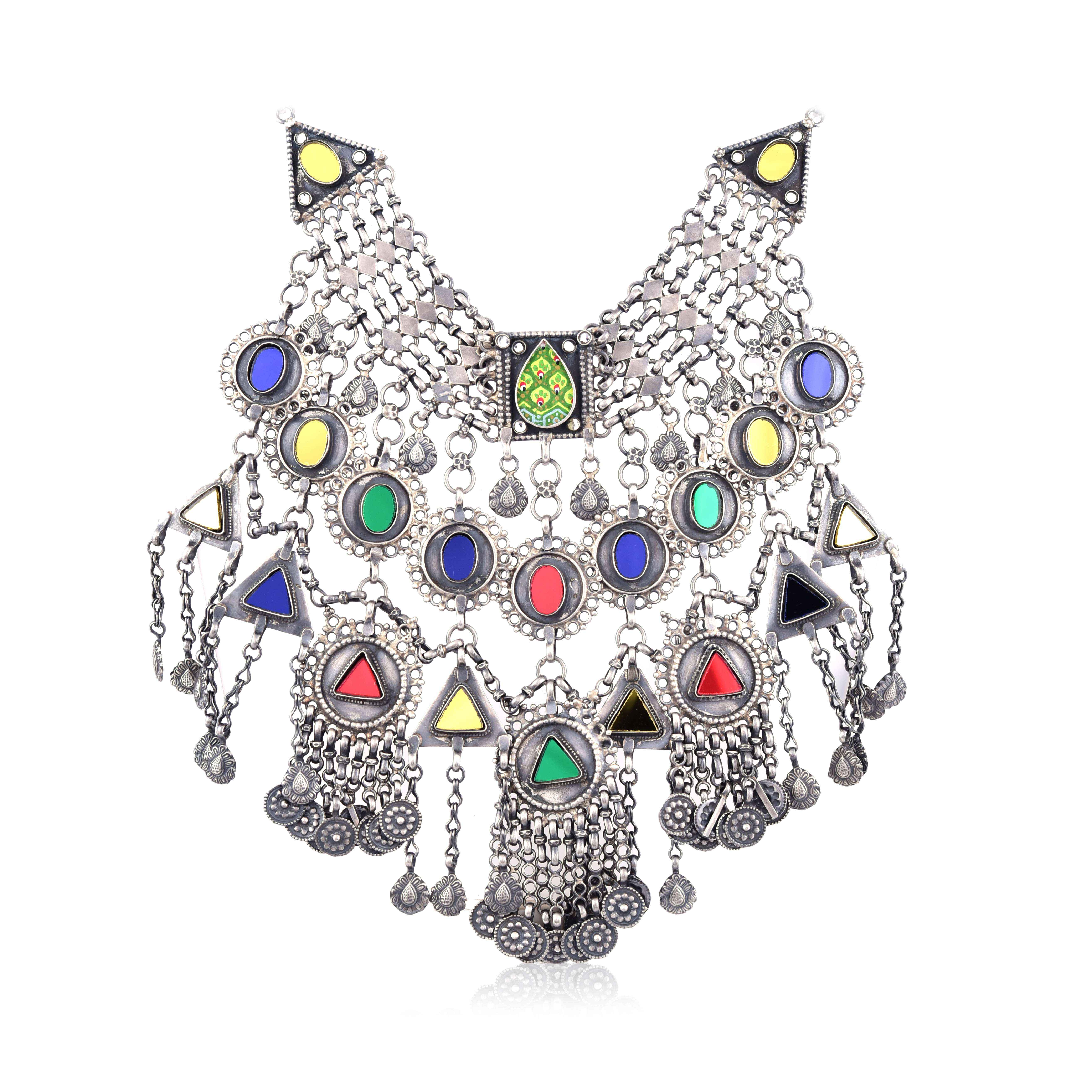 silver-antique-multi-glass-stone-necklace-sku-5864